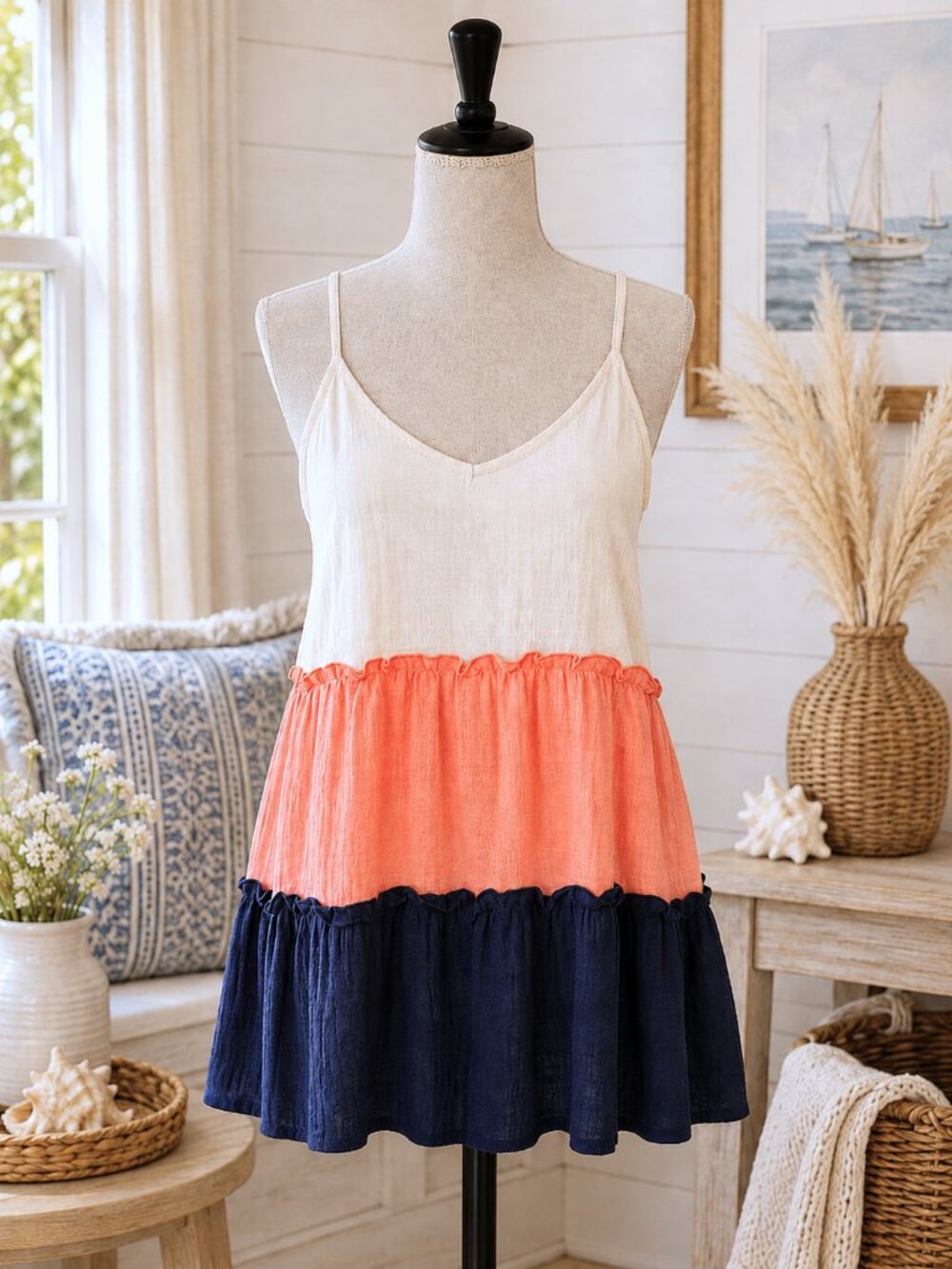Hopely Brand Gauze Tiered Cami Tank Ecru Coral Navy Boho Coastal Top Size Medium
